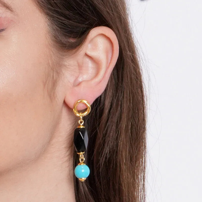 Metal earrings with turquoise and black stones