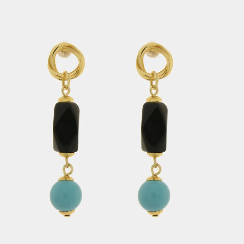 Metal earrings with turquoise and black stones