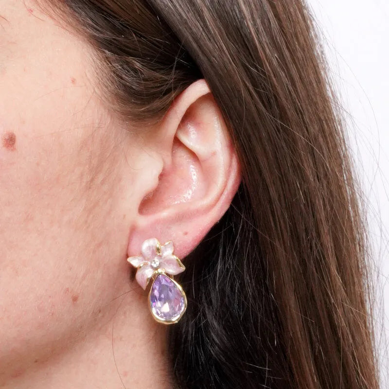 Orecchini in Metallo con fiore rosa e cristallo viola