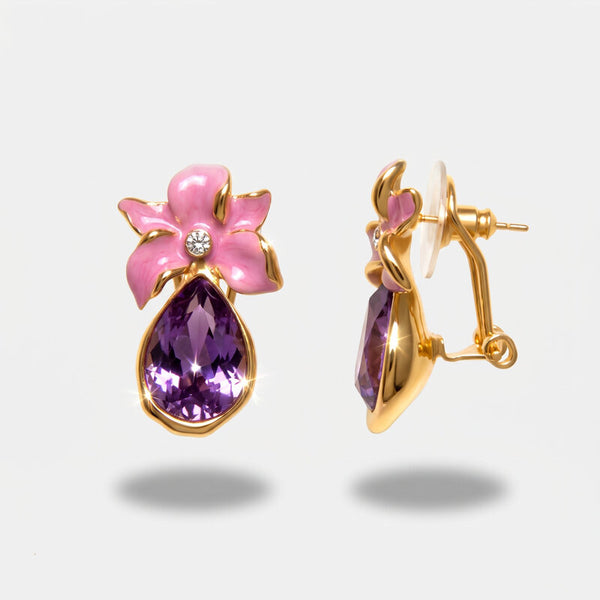Orecchini in Metallo con fiore rosa e cristallo viola - BYSIMON gioielli