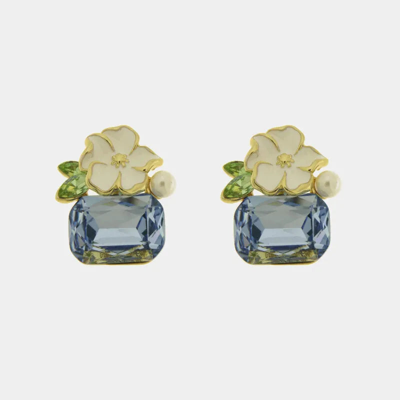 Orecchini in Metallo fiore bianco e cristallo azzurro