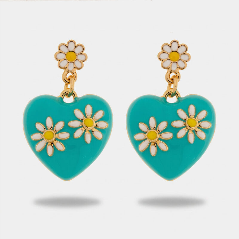 Orecchini in Metallo cuore smaltato turchese margherite dorate floreale donna Capri