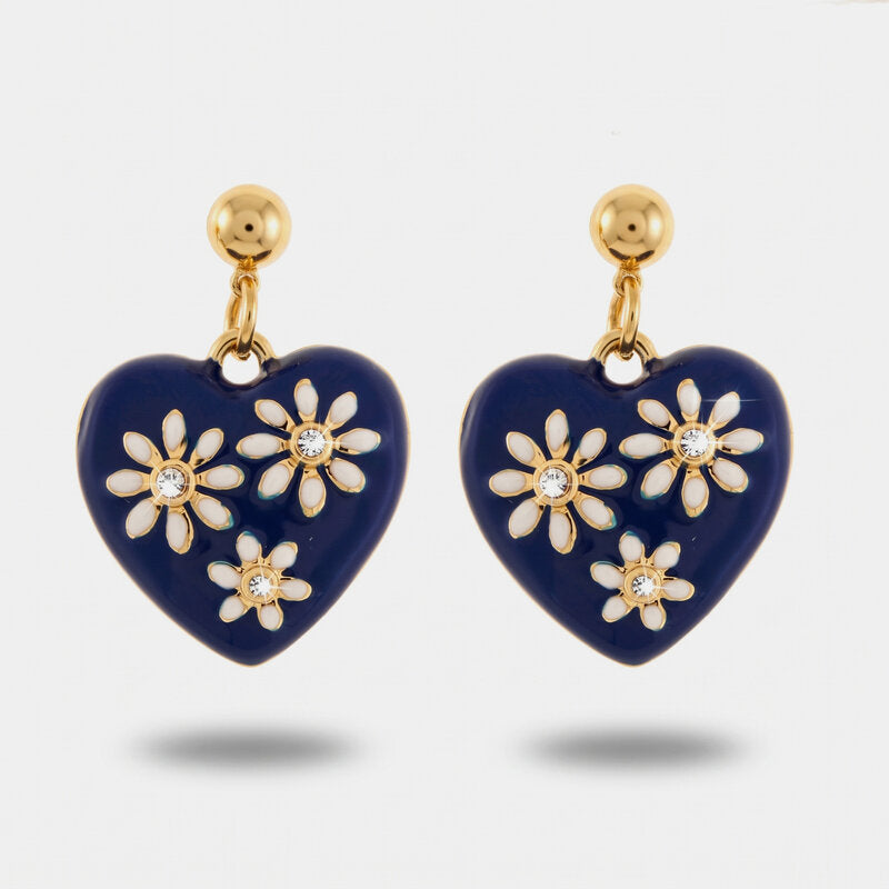 Orecchini in Metallo cuore smaltato blu navy margherite bianche cristalli Capri