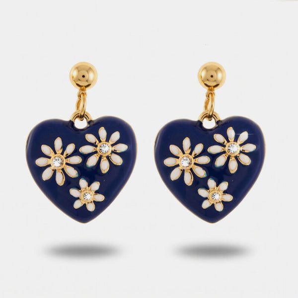 Orecchini in Metallo cuore smaltato blu navy margherite bianche cristalli Capri
