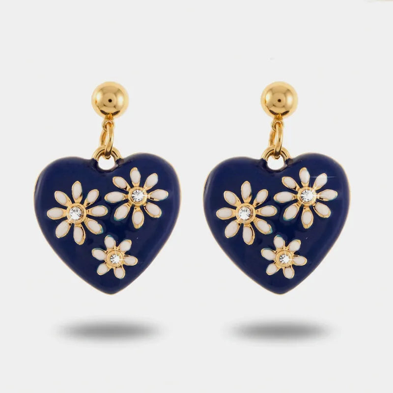Orecchini in Metallo cuore smaltato blu navy margherite bianche cristalli Capri