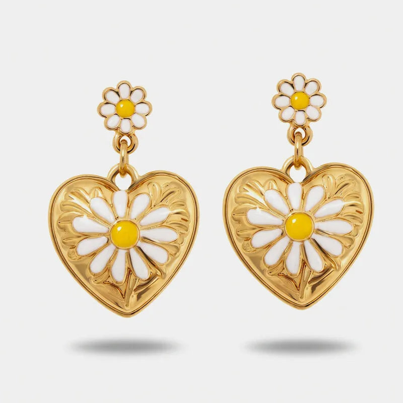 Orecchini in Metallo cuore dorato rilievo barocco margherita smaltata bianco Capri - 3512231