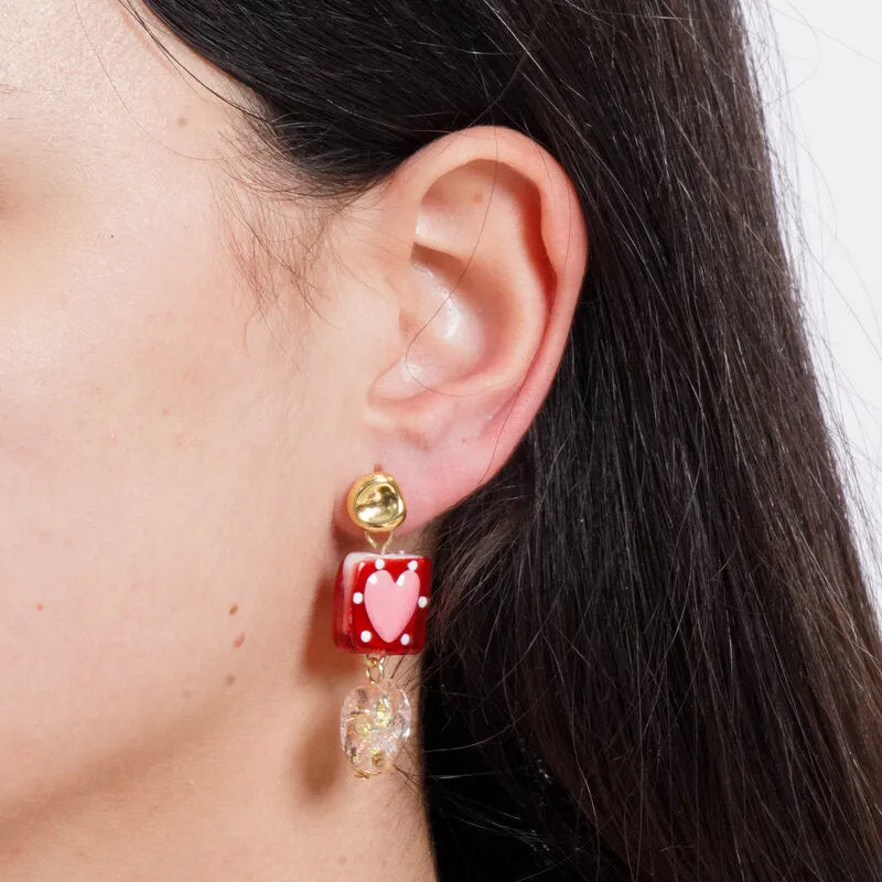Orecchini in Metallo con Murano Stone cuore rosso e perle pendenti