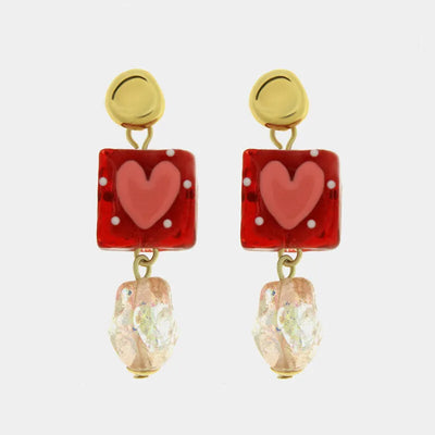Orecchini in Metallo con Art Glass Stone cuore rosso e perle pendenti