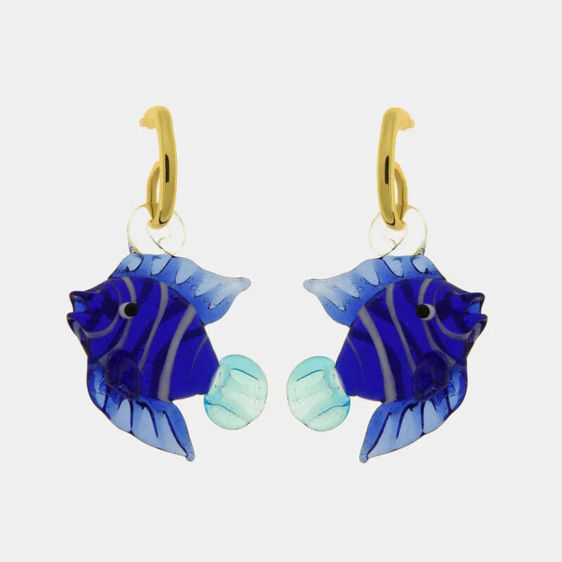 Metal Earrings with Murano Stone Amethyst Blue Fish Pendant