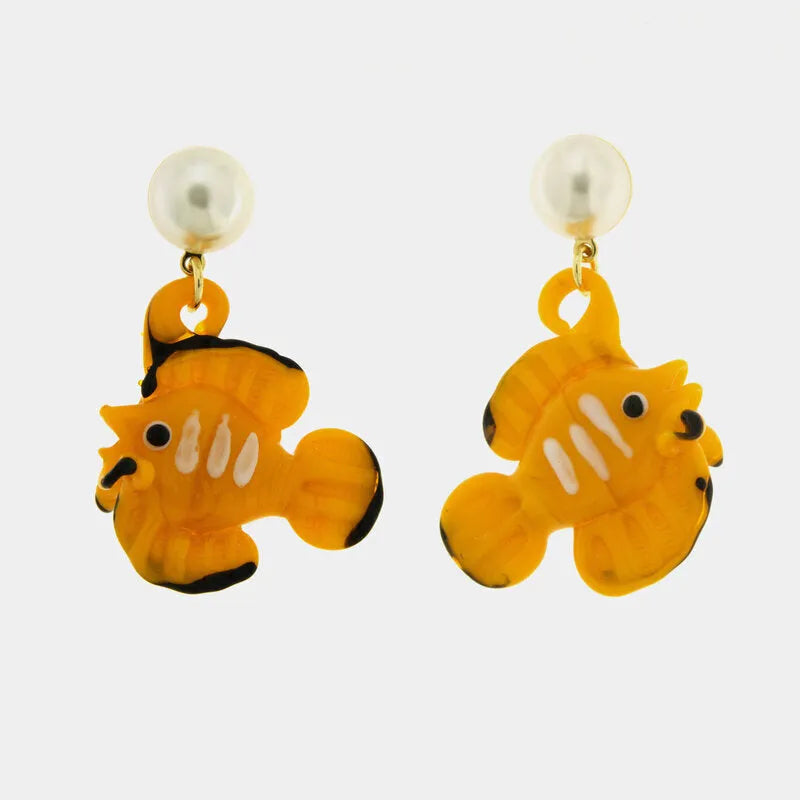 Metal Earrings with Orange Fish Murano Stone