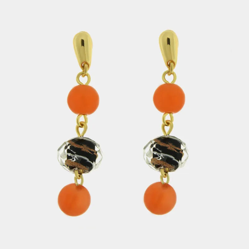 Metal Earrings with dangling Murano Stone, orange and black pearls