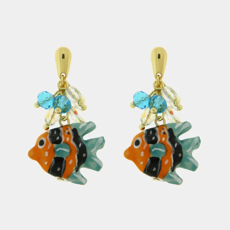 Metal Earrings with colorful tropical fish Murano Glass