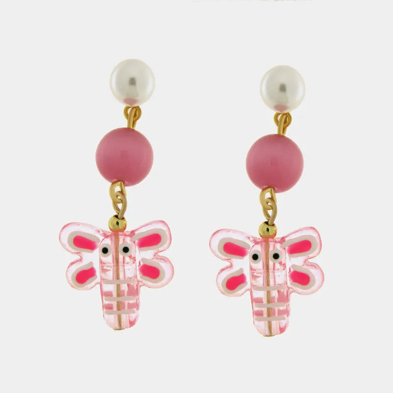 Metal Earrings with Murano Stone Pink Dragonfly Pendant