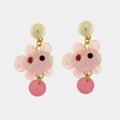 Orecchini in Metallo con Art Glass Stone pesce rosa pendente e perle rosa veneziane