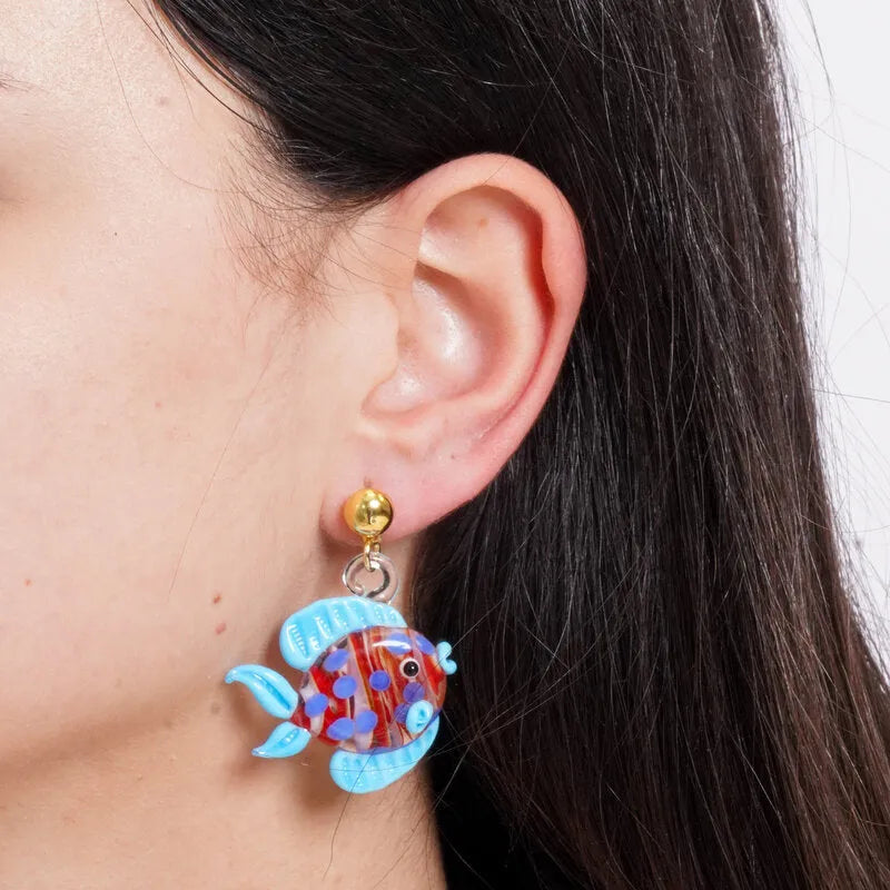 Metal Earrings with Multicolor Venetian Murano Stone Blue Fish Pendant