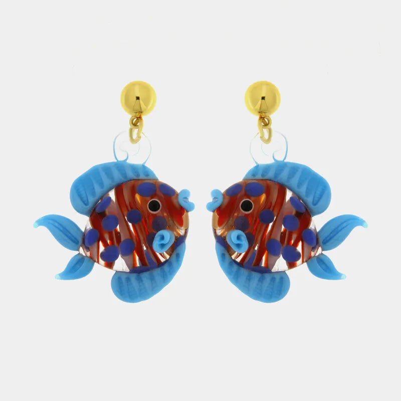 Metal Earrings with Multicolor Venetian Murano Stone Blue Fish Pendant