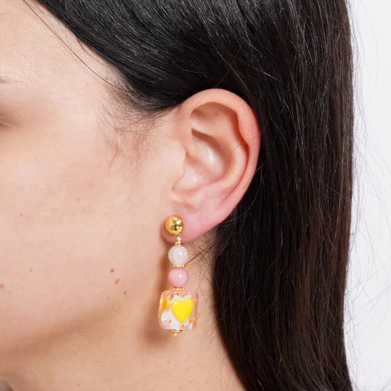 Metal Earrings with Murano Stone yellow-orange beads and yellow hearts