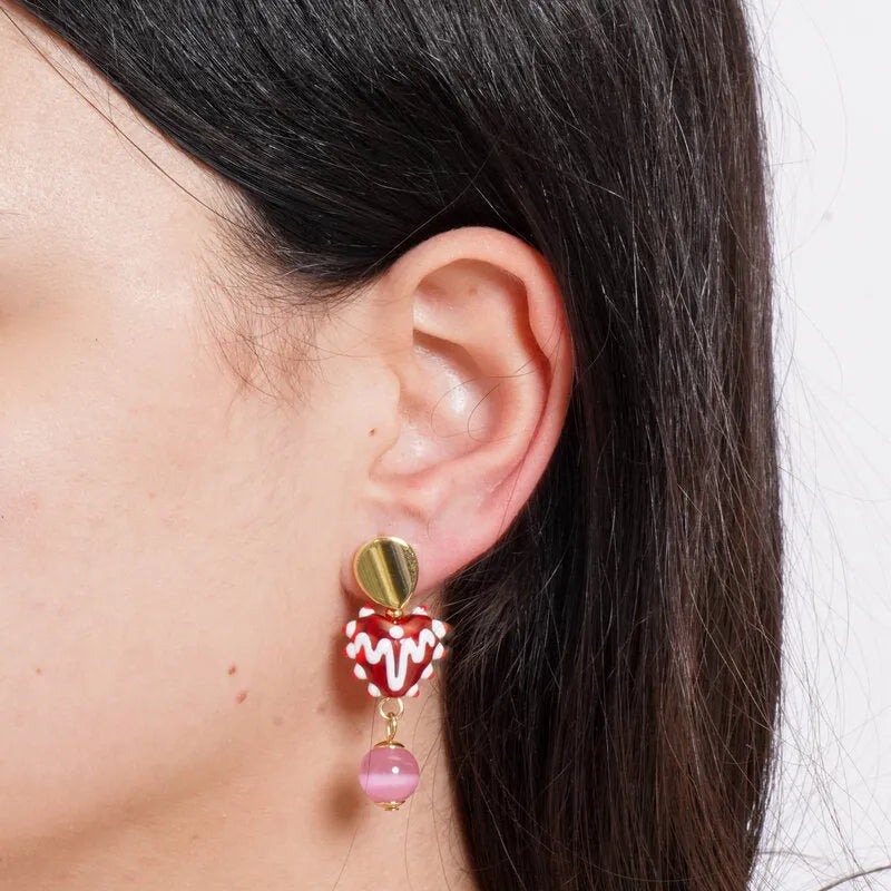 Orecchini in Metallo con Murano Stone cuore rosso e sfere pendenti artigianali