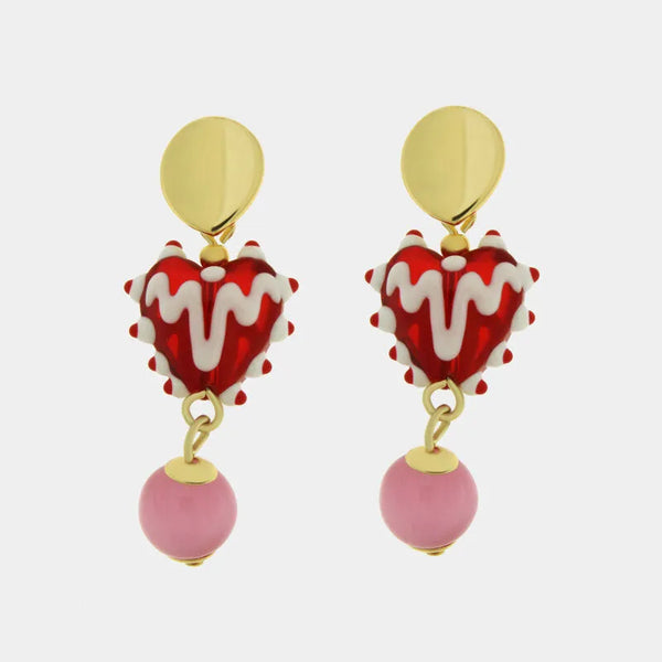 Orecchini in Metallo con Murano Stone cuore rosso e sfere pendenti