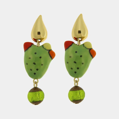 Orecchini in Metallo con Art Glass Stone fico d'india verde e sfere pendenti