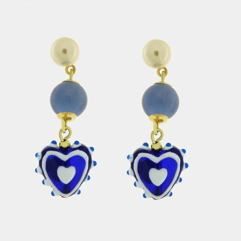 Orecchini in Metallo con Murano Stone sfere blu e cuore pendente blu