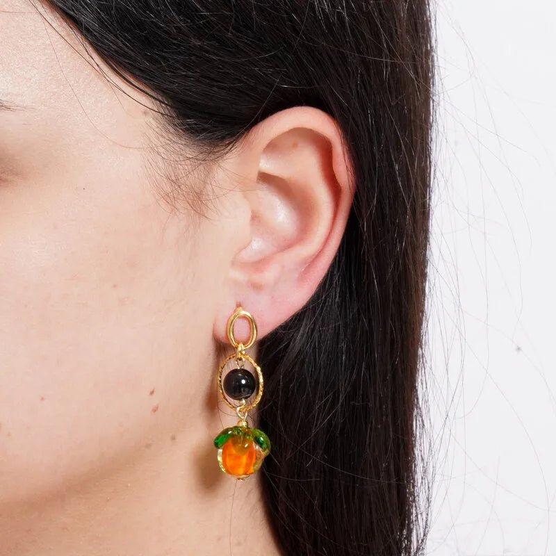 Orecchini in Metallo con sfere nere e arancio pendenti