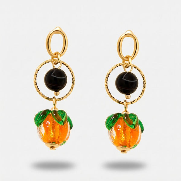Orecchini in Metallo con sfere nere e arancio pendenti - BYSIMON gioielli