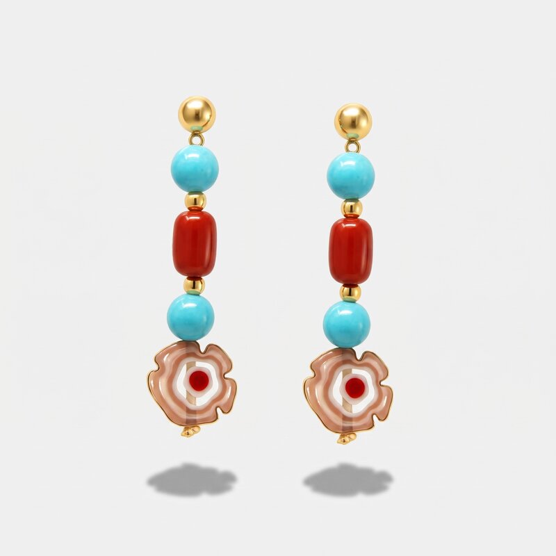 Orecchini in Metallo con pietre azzurre e rosse e fiore rosa pendente - BYSIMON gioielli
