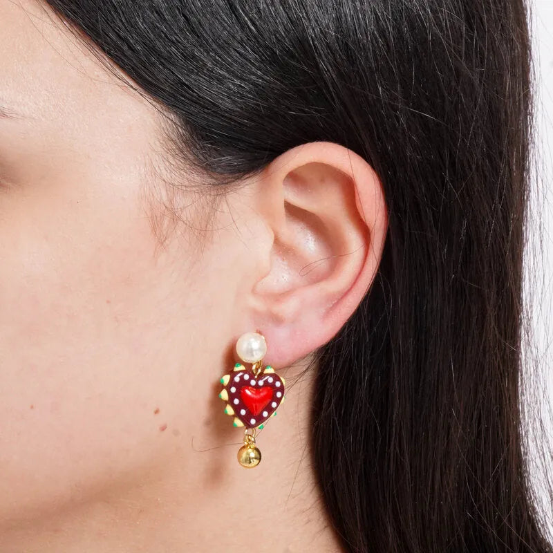 Orecchini in Metallo con Murano Stone sfere e cuore rosso pendente
