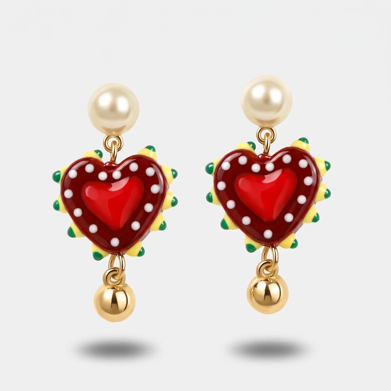 Orecchini in Metallo con Art Glass Stone sfere e cuore rosso pendente - BYSIMON gioielli