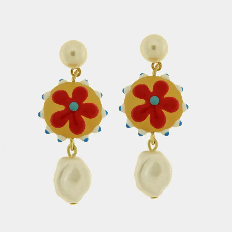 Orecchini in Metallo con Murano stone fiore rosso e sfere ovali pendenti