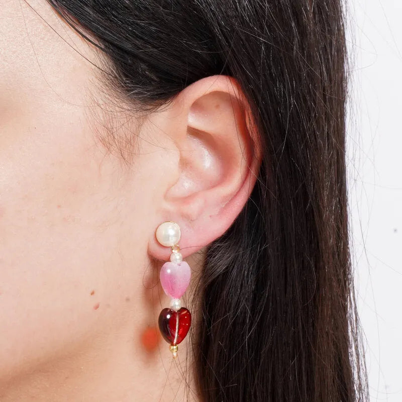 Orecchini in Metallo Cuore rosso bordeaux, goccia rosa, romantico