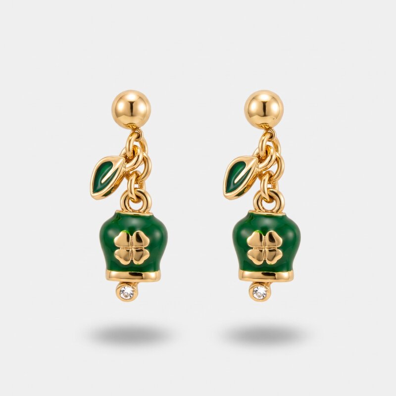 Orecchini in Metallo pendenti con campanella con quadrifoglio portafortuna verde CAPRI - gioiello BySimon