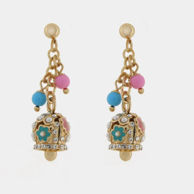 Metal drop earrings with gold bells and embossed flowers and stones