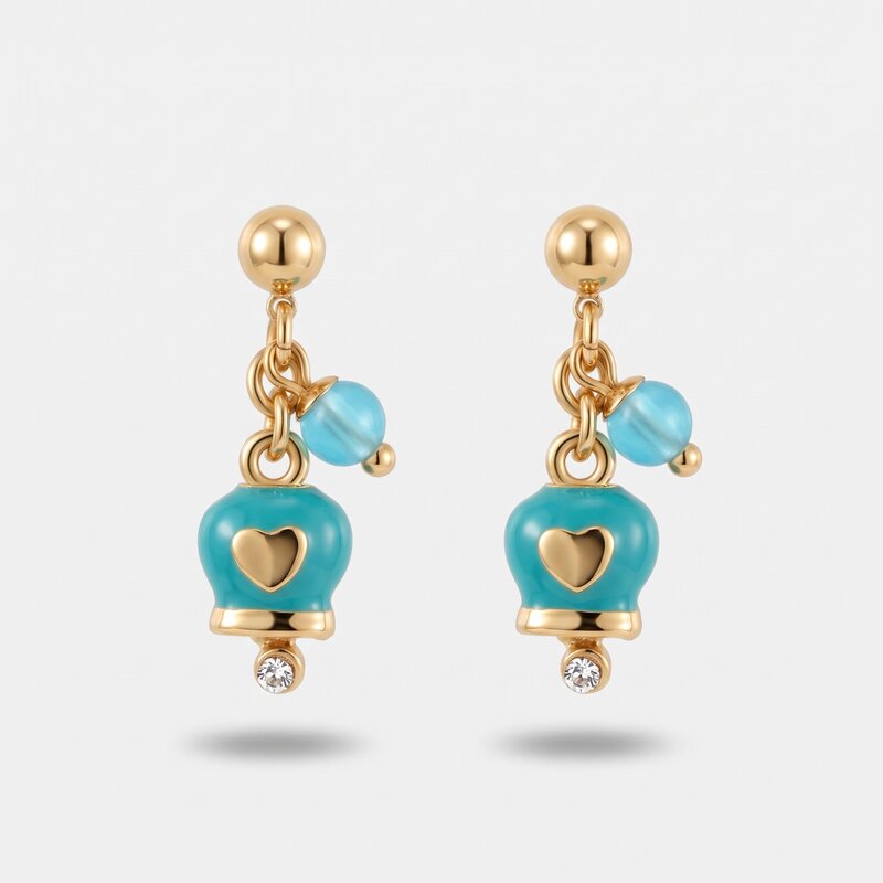 Orecchini in Metallo pendenti azzurri con campanella con design a cuore - BYSIMON gioielli
