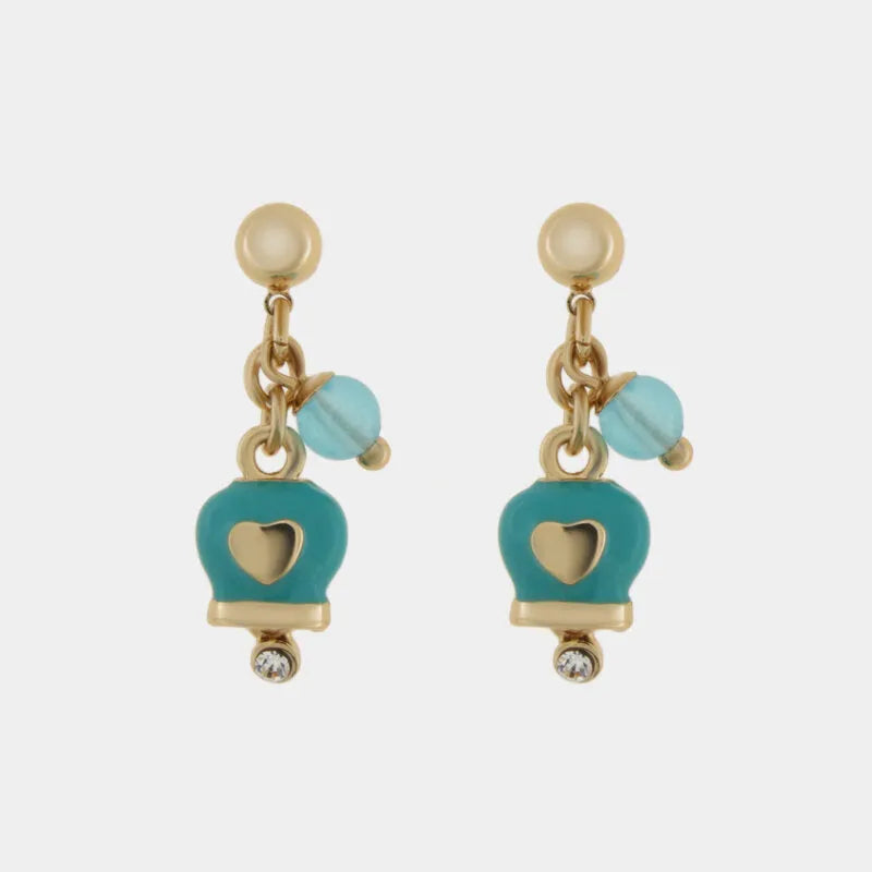 Blue metal drop earrings with a heart-shaped bell design