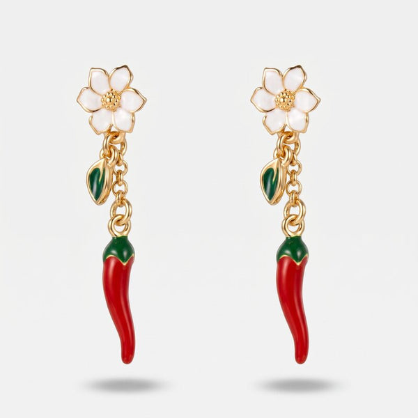 Orecchini in Metallo fiore bianco con peperoncino