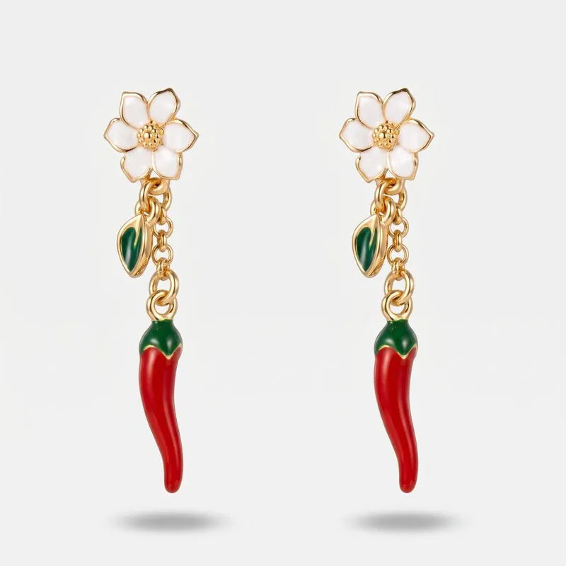 Orecchini in Metallo fiore bianco con peperoncino