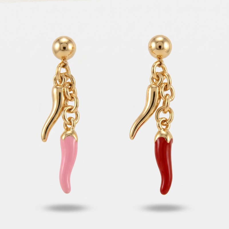 Orecchini in Metallo cornetti pendenti dorati rosa e rosso