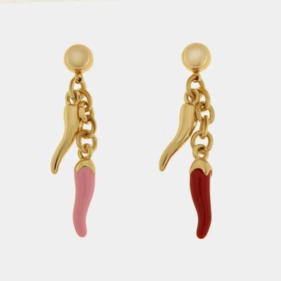 Orecchini in Metallo con cornetti pendenti dorati, rosa e rosso