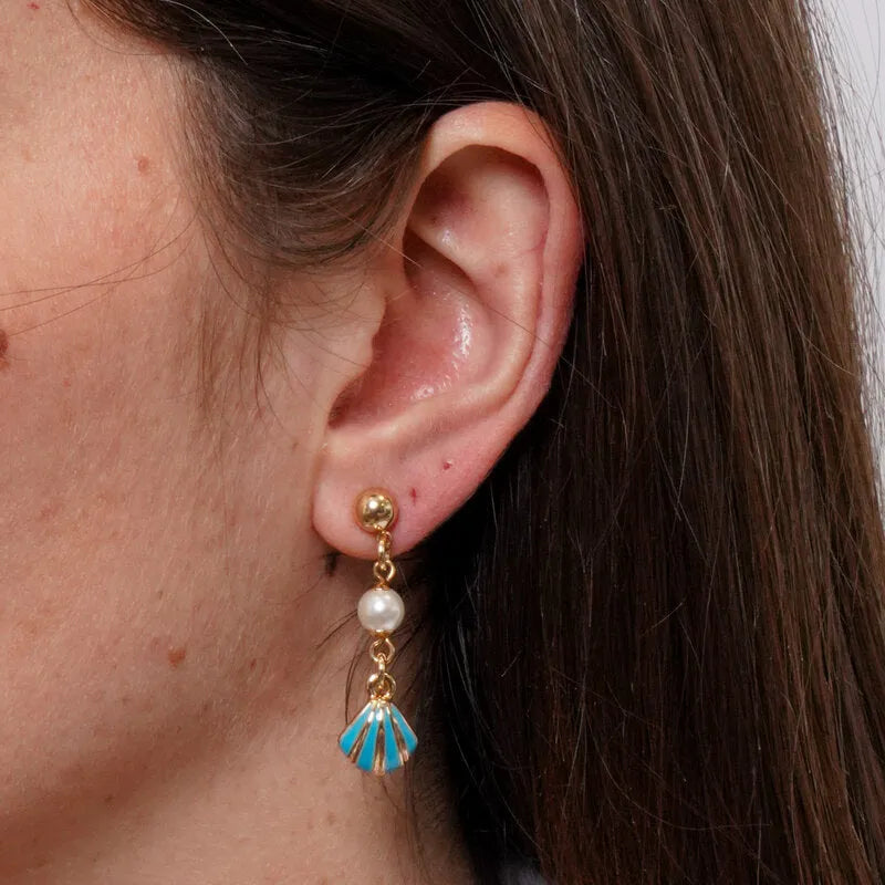 Metal drop earrings with turquoise shells and stones