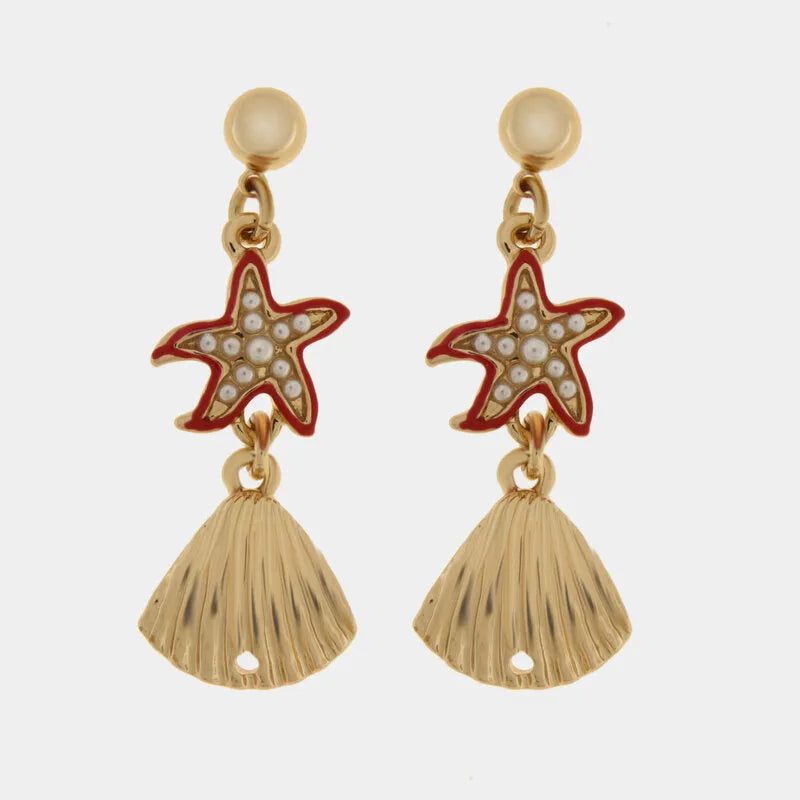 Metal drop earrings with shells and red starfish