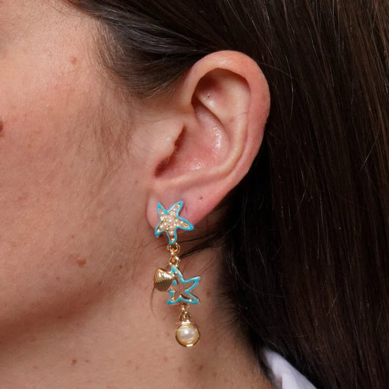 Metal drop earrings with turquoise starfish and white stones