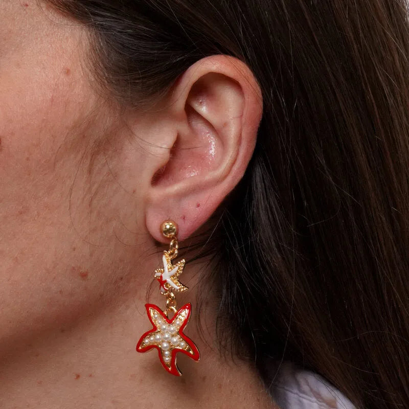 Orecchini in Metallo pendenti con stelle marine smaltate bianche e rosse con pietre BYS - gioiello BySimon