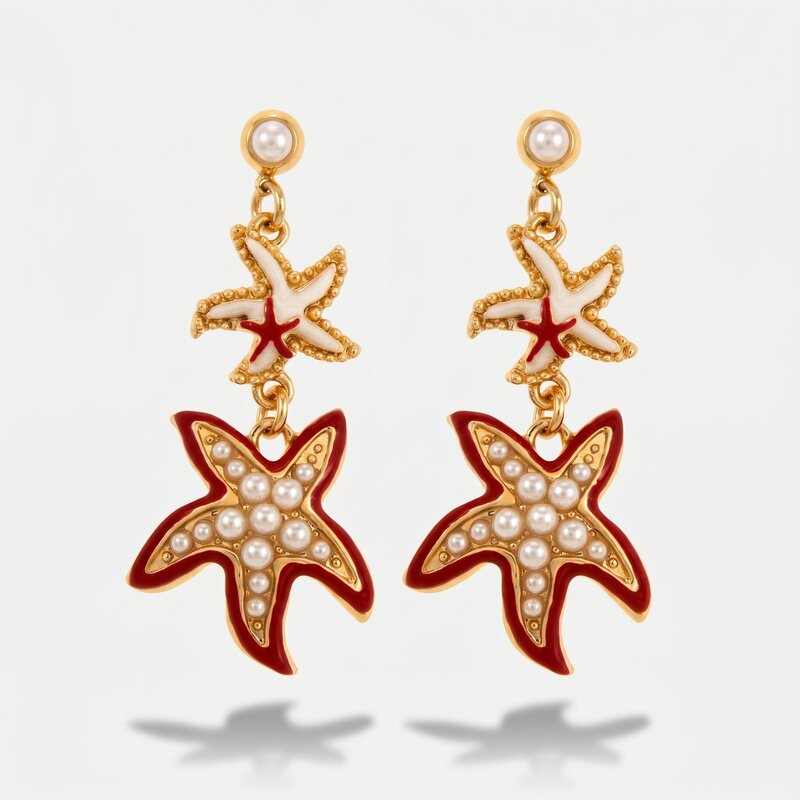Orecchini in Metallo pendenti con stelle marine smaltate bianche e rosse con pietre BYS - gioiello BySimon