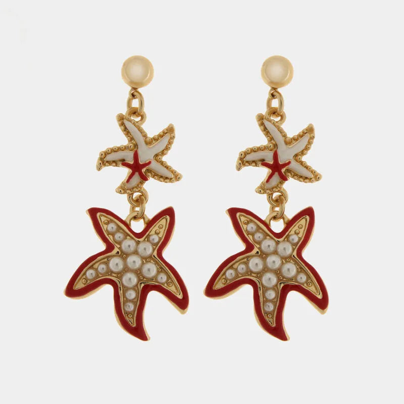 Orecchini in Metallo pendenti con stelle marine smaltate bianche e rosse con pietre BYS - gioiello BySimon