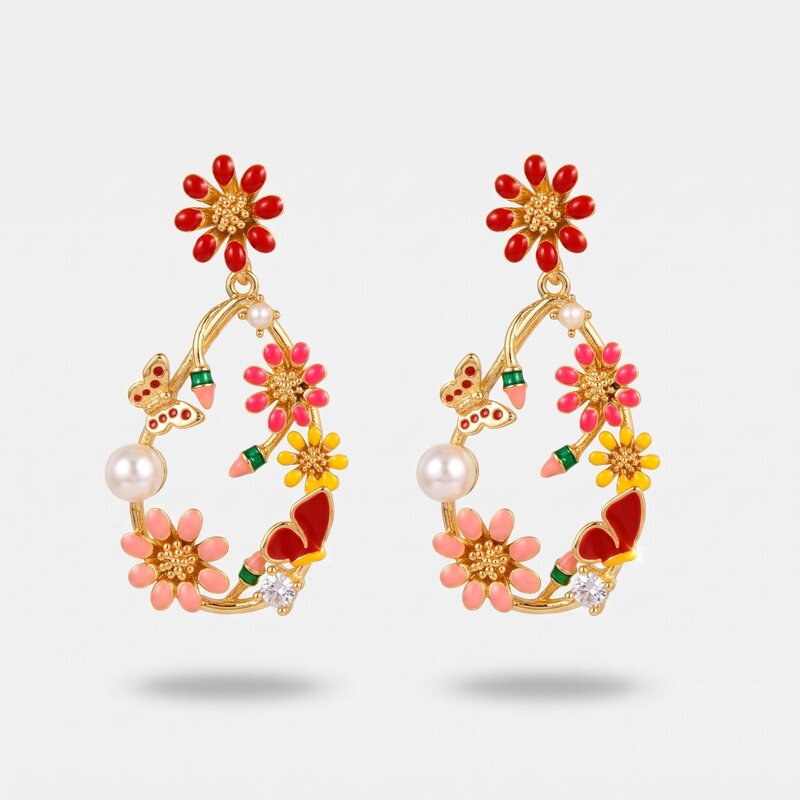 Orecchini in Metallo Pendenti fiore bianco perla rossa elegante - BYSIMON gioielli