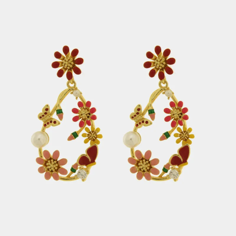 Orecchini in Metallo Pendenti fiore bianco perla rossa elegante
