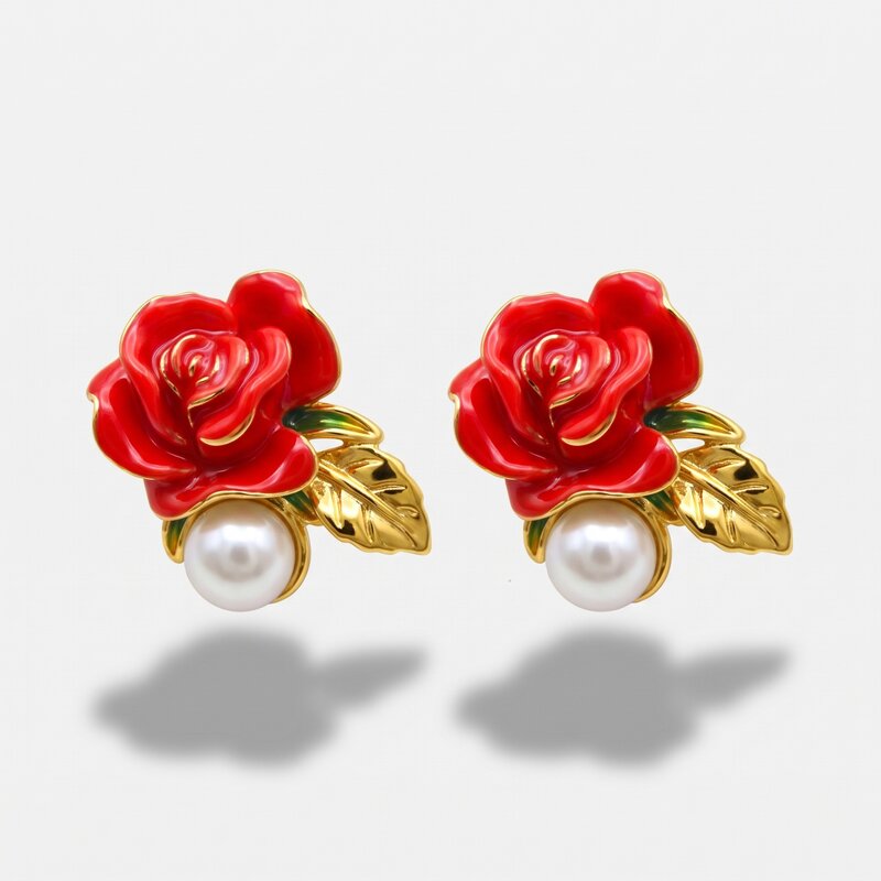 Orecchini in Metallo Pendenti rose rosse placcati oro - BYSIMON gioielli