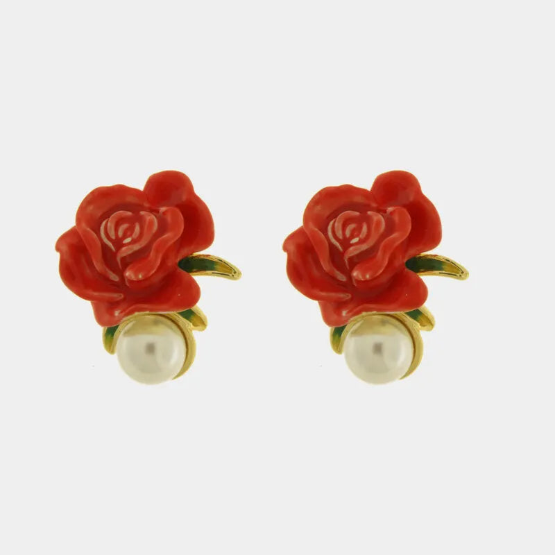 Orecchini in Metallo Pendenti rose rosse placcati oro